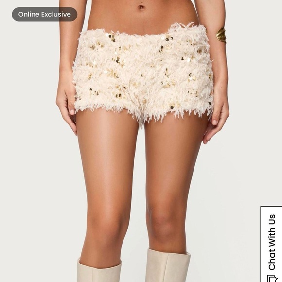 Edikted Pants - Sequin Feathered Cream Shorts